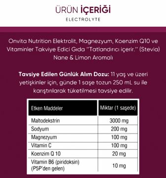 Onvita Nutrition Electrolyte Elektrolit, Magnezyum, Koenzim Q10 Ve Vitaminler 30 Saşe