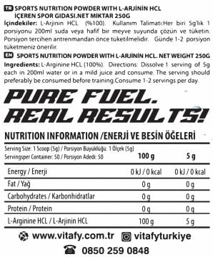 Vitafy Arginine HCL 250 gr 50 servis Aromasız