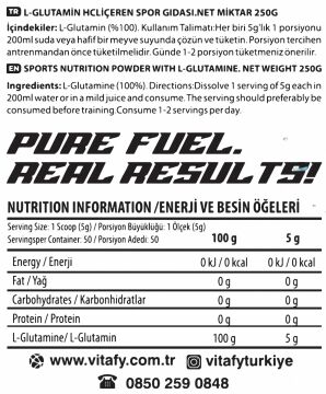 Vitafy Glutamine 250 gr 50 servis Aromasız